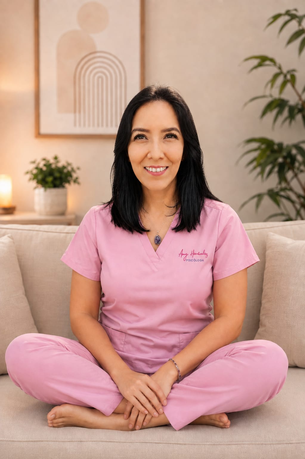 Amy Hernández sentada en un sofá en su consultorio, sonriendo